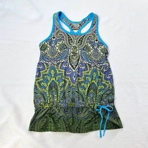 Athleta Tic Tac Toe Blue Green Tank Top Built Bra Drawstring Waist Womens Small